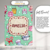 Cute Santa Snowman Gifts Candy Cane Mint Background Seamless  Personalised Custom Name Super Soft Fleece Blanket Bed Sofa Throw