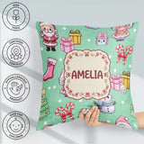Custom Name Cute Santa Gifts Candy Cane Mint Background Seamless Square Filled Cushion Throw Pillow Sofa Bed Home Decor Zip Washable UK Made