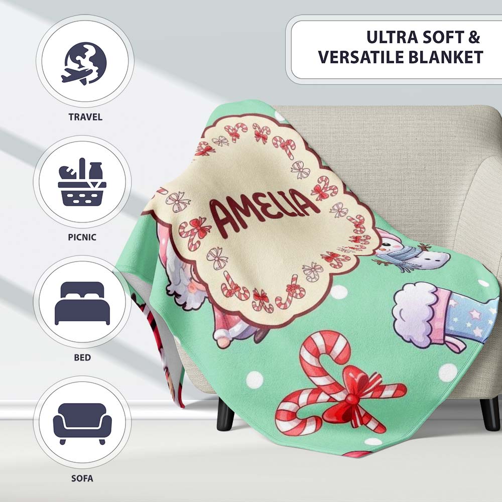 Cute Santa Snowman Gifts Candy Cane Mint Background Seamless  Personalised Custom Name Super Soft Fleece Blanket Bed Sofa Throw