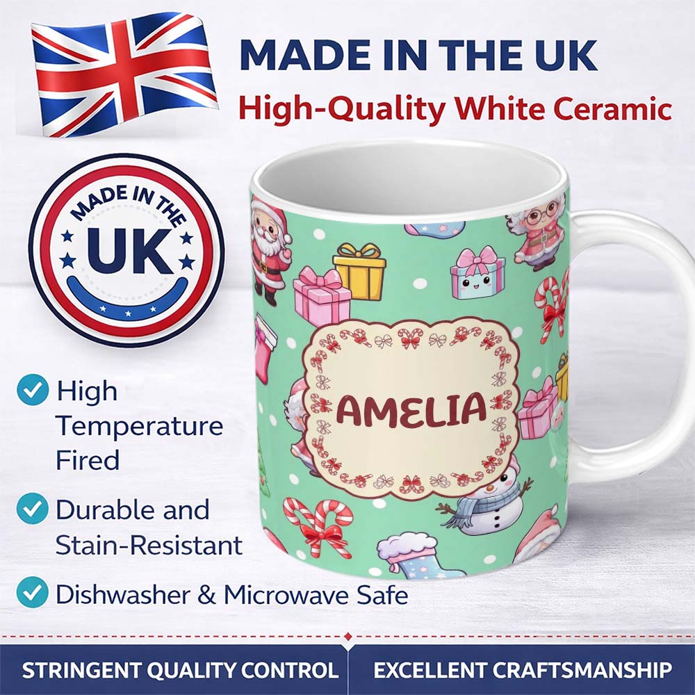 Personalized Custom Name Cute Santa Snowman Gifts Candy Cane Mint Background Seamless 11oz Ceramic Coffee Tea Mug White Large Handle