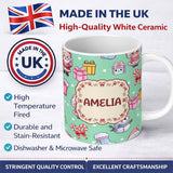 Personalized Custom Name Cute Santa Snowman Gifts Candy Cane Mint Background Seamless 11oz Ceramic Coffee Tea Mug White Large Handle