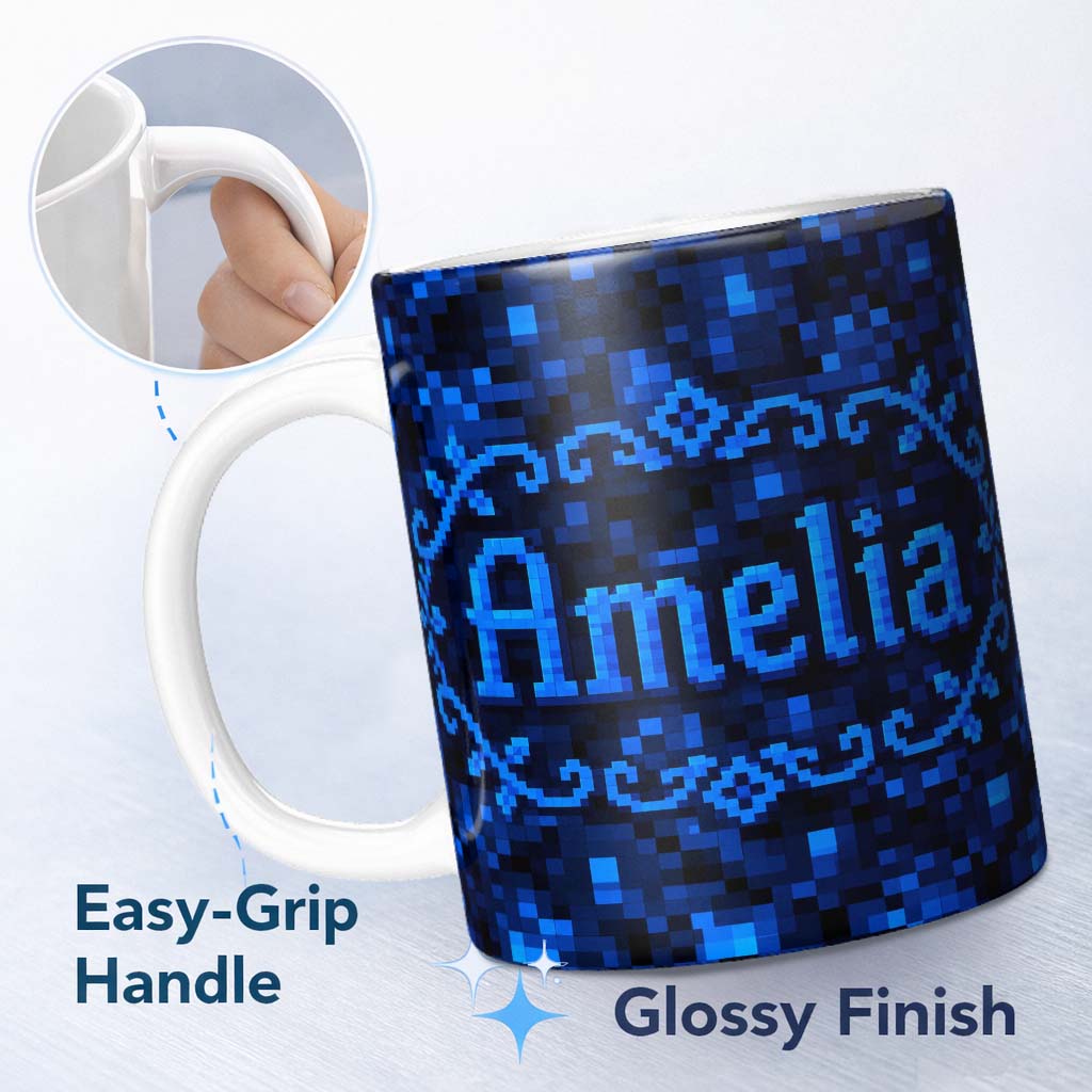 Personalized Custom Name Dark Blue Pixel Texture Abstract Seamless  Cute Unique Gift 11oz Ceramic Coffee Tea Mug White Large Handle