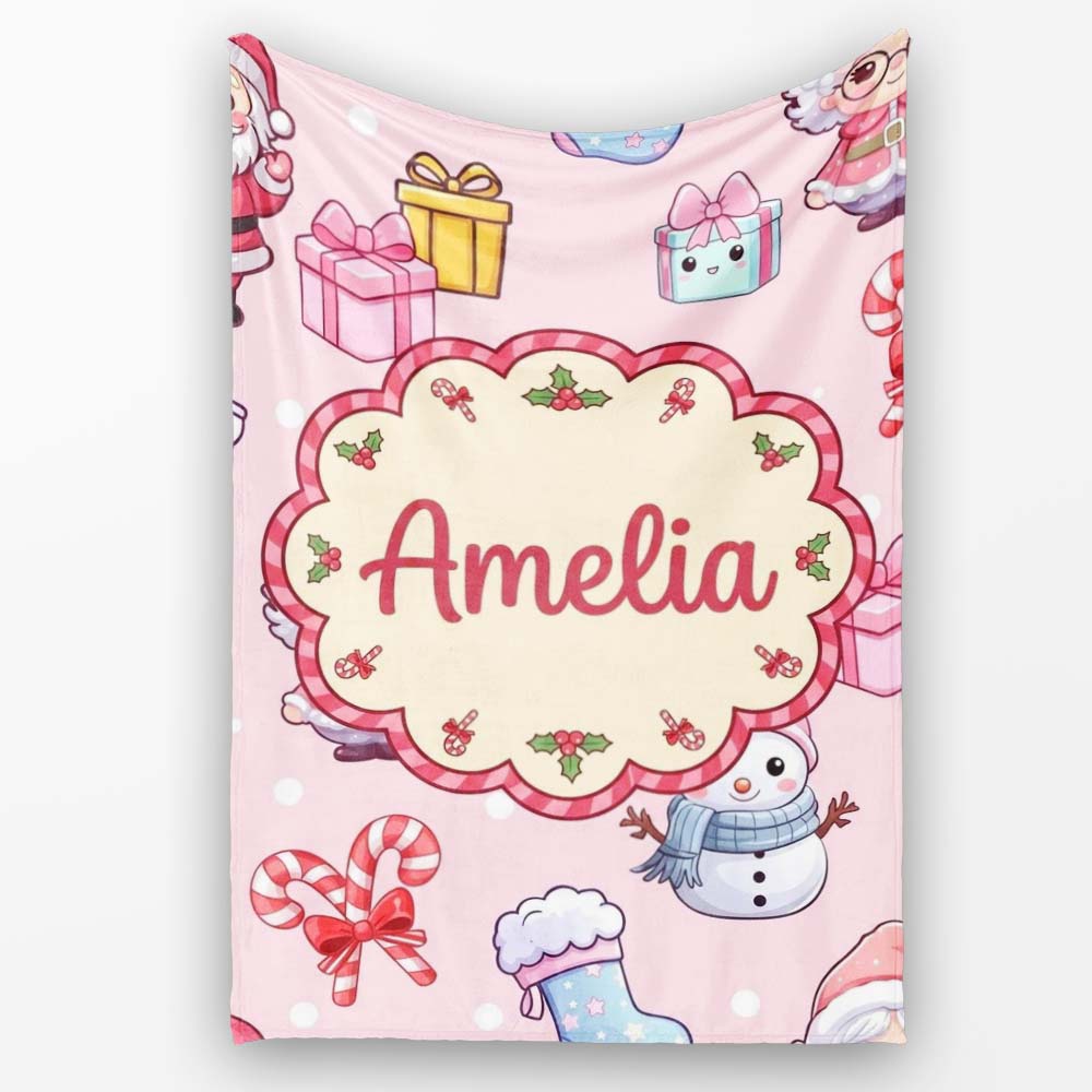 Cute Santa Snowman Gifts Candy Cane Blush Background Seamless  Personalised Custom Name Super Soft Fleece Blanket Bed Sofa Throw