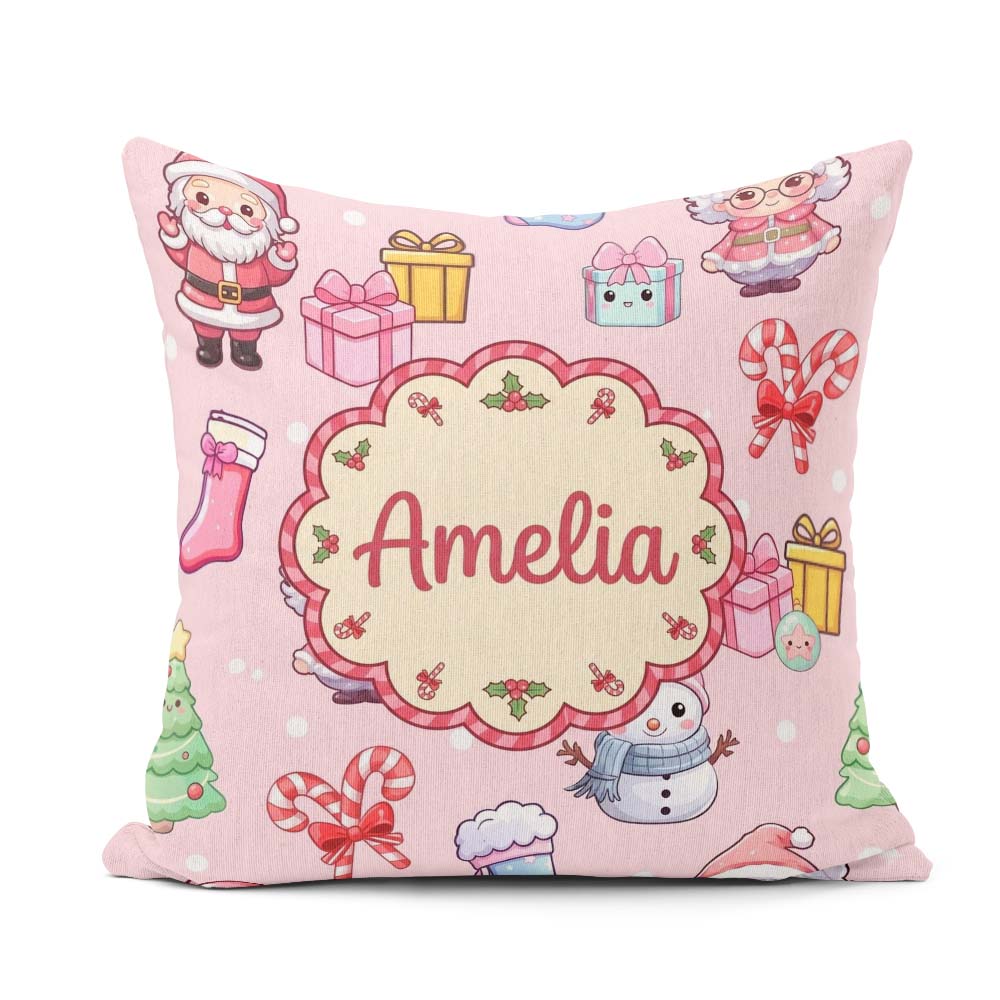 Custom Name Cute Santa Snowman Gifts Candy Cane Blush Background Square Filled Cushion Throw Pillow Sofa Bed Home Decor Zip Washable UK Made