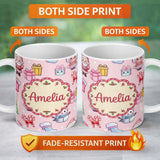 Personalized Custom Name Cute Santa Snowman Gifts Candy Cane Blush Background Seamless 11oz Ceramic Coffee Tea Mug White Large Handle
