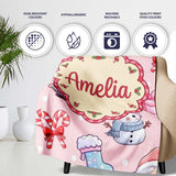 Cute Santa Snowman Gifts Candy Cane Blush Background Seamless  Personalised Custom Name Super Soft Fleece Blanket Bed Sofa Throw