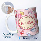 Personalized Custom Name Cute Santa Snowman Gifts Candy Cane Blush Background Seamless 11oz Ceramic Coffee Tea Mug White Large Handle