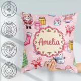 Custom Name Cute Santa Snowman Gifts Candy Cane Blush Background Square Filled Cushion Throw Pillow Sofa Bed Home Decor Zip Washable UK Made