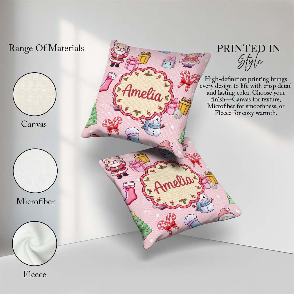 Custom Name Cute Santa Snowman Gifts Candy Cane Blush Background Square Filled Cushion Throw Pillow Sofa Bed Home Decor Zip Washable UK Made