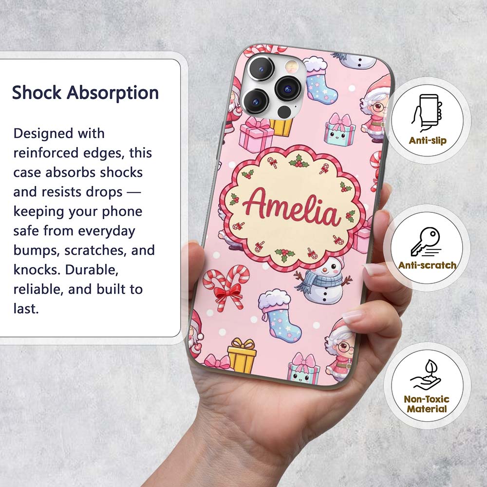 Cute Santa Snowman Gifts Candy Printed Design Custom Name Protective Phone Case Mobile Cover Durable Everyday Smartphone Shock Resistant