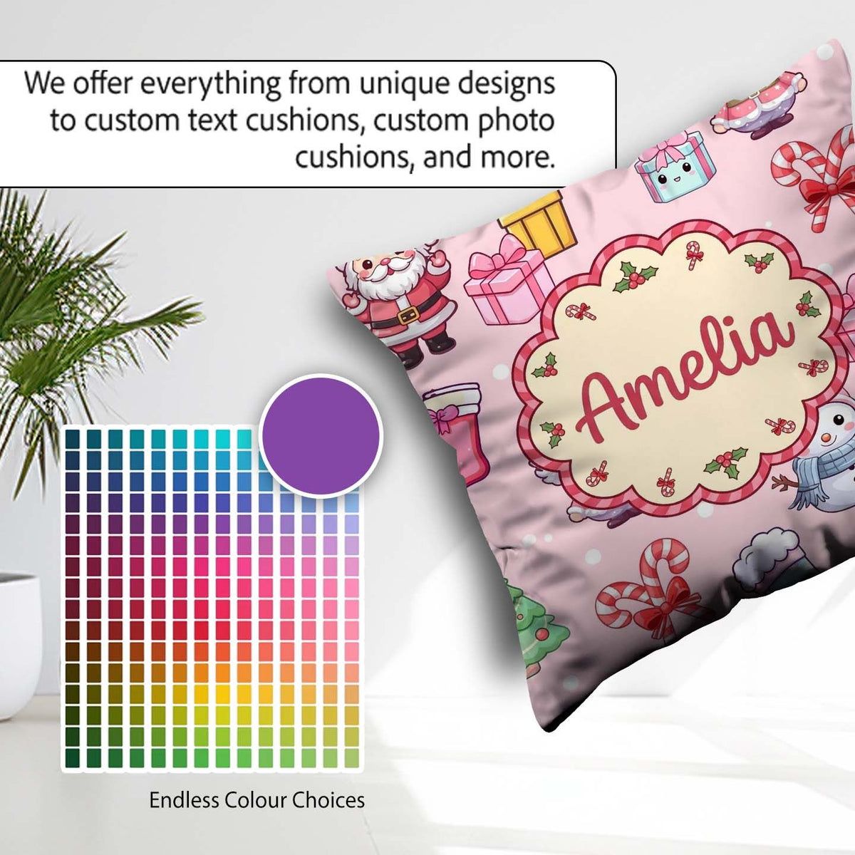 Custom Name Cute Santa Snowman Gifts Candy Cane Blush Background Square Filled Cushion Throw Pillow Sofa Bed Home Decor Zip Washable UK Made