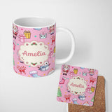 Personalized Custom Name Cute Santa Snowman Gifts Candy Cane Pink Background Seamless 11oz Ceramic Coffee Tea Mug White Large Handle
