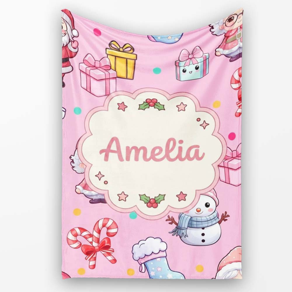Cute Santa Snowman Gifts Candy Cane Pink Background Seamless  Personalised Custom Name Super Soft Fleece Blanket Bed Sofa Throw