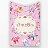 Cute Santa Snowman Gifts Candy Cane Pink Background Seamless  Personalised Custom Name Super Soft Fleece Blanket Bed Sofa Throw