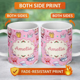 Personalized Custom Name Cute Santa Snowman Gifts Candy Cane Pink Background Seamless 11oz Ceramic Coffee Tea Mug White Large Handle