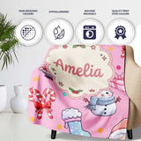 Cute Santa Snowman Gifts Candy Cane Pink Background Seamless  Personalised Custom Name Super Soft Fleece Blanket Bed Sofa Throw