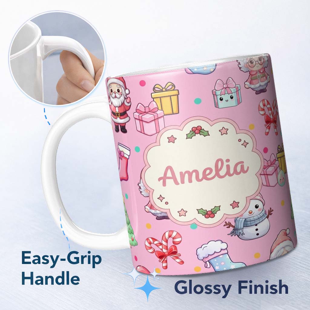 Personalized Custom Name Cute Santa Snowman Gifts Candy Cane Pink Background Seamless 11oz Ceramic Coffee Tea Mug White Large Handle