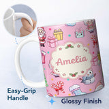 Personalized Custom Name Cute Santa Snowman Gifts Candy Cane Pink Background Seamless 11oz Ceramic Coffee Tea Mug White Large Handle
