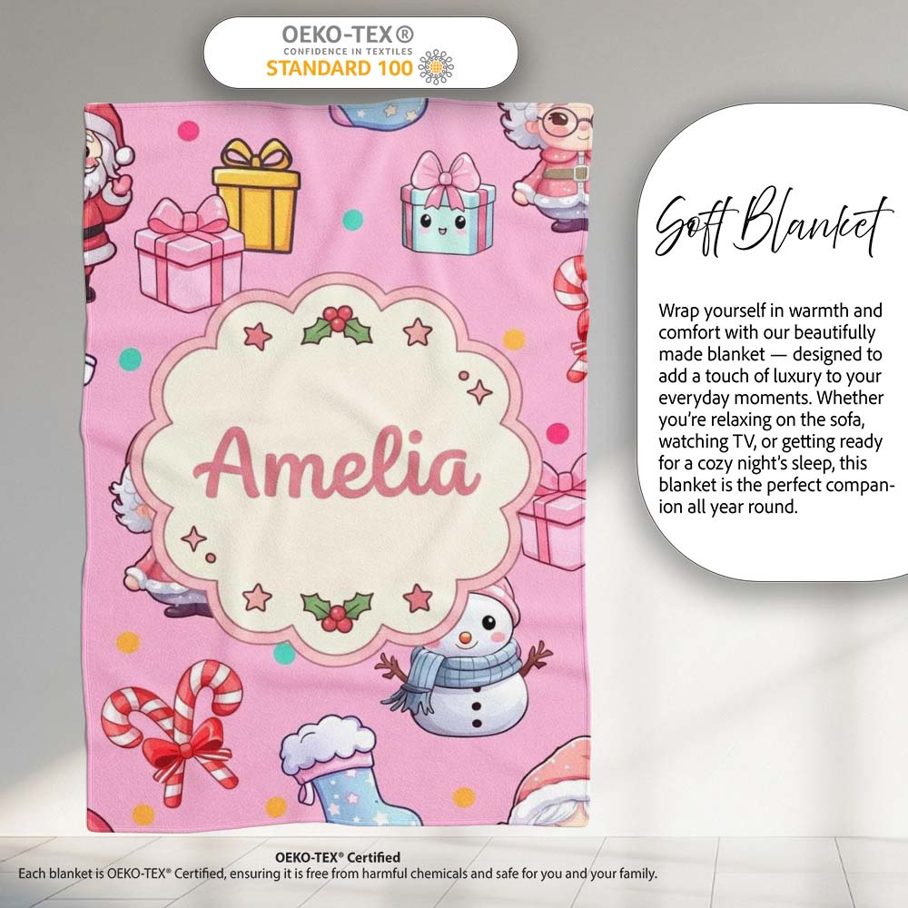 Cute Santa Snowman Gifts Candy Cane Pink Background Seamless  Personalised Custom Name Super Soft Fleece Blanket Bed Sofa Throw