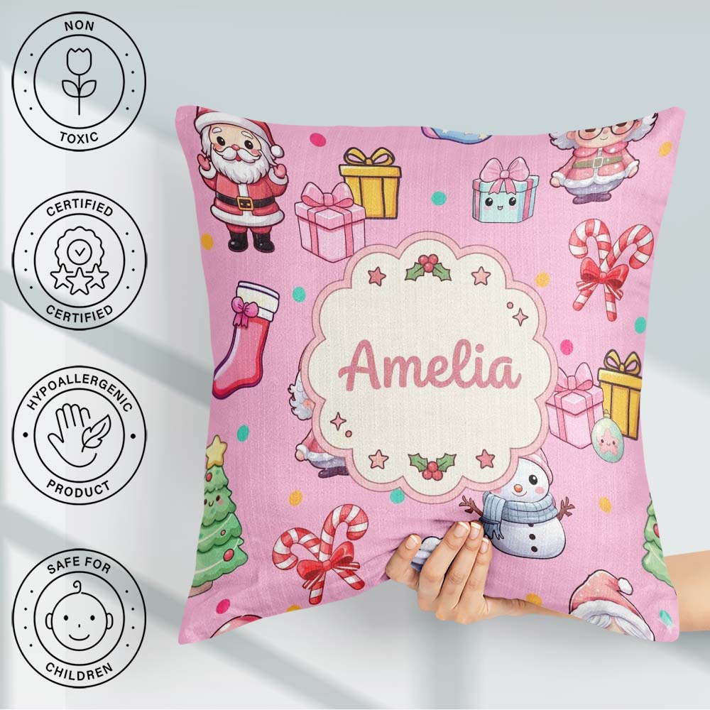 Custom Name Cute Santa Gifts Candy Cane Pink Background Seamless Square Filled Cushion Throw Pillow Sofa Bed Home Decor Zip Washable UK Made