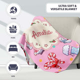 Cute Santa Snowman Gifts Candy Cane Pink Background Seamless  Personalised Custom Name Super Soft Fleece Blanket Bed Sofa Throw