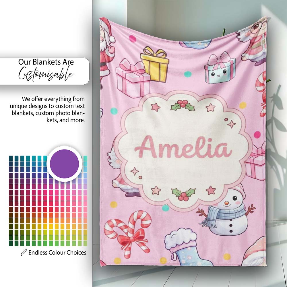 Cute Santa Snowman Gifts Candy Cane Pink Background Seamless  Personalised Custom Name Super Soft Fleece Blanket Bed Sofa Throw
