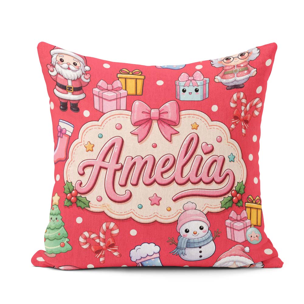 Custom Name Santa Snowman Gifts Candy Cane Red Seamless Pattern Square Filled Cushion Throw Pillow Sofa Bed Home Decor Zip Washable UK Made