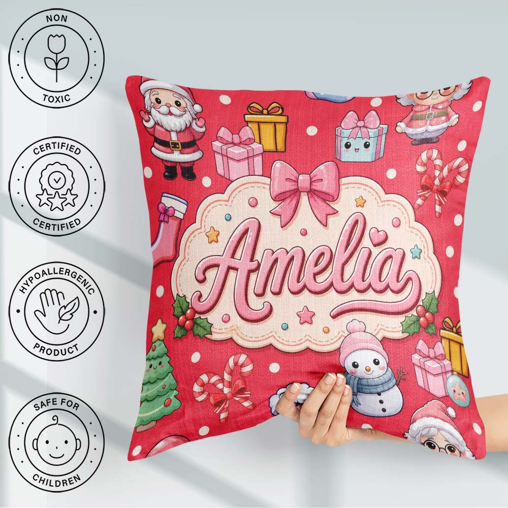 Custom Name Santa Snowman Gifts Candy Cane Red Seamless Pattern Square Filled Cushion Throw Pillow Sofa Bed Home Decor Zip Washable UK Made