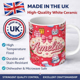 Personalized Custom Name Cute Santa Snowman Gifts Candy Cane Red Background Seamless Pattern 11oz Ceramic Coffee Tea Mug White Large Handle