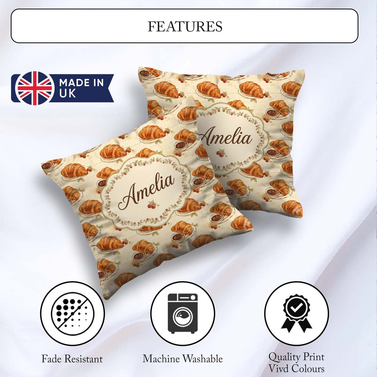 Custom Name Croissant Chocolate Dip and Berries Elegant Seamless Square Filled Cushion Throw Pillow Sofa Bed Home Decor Zip Washable UK Made