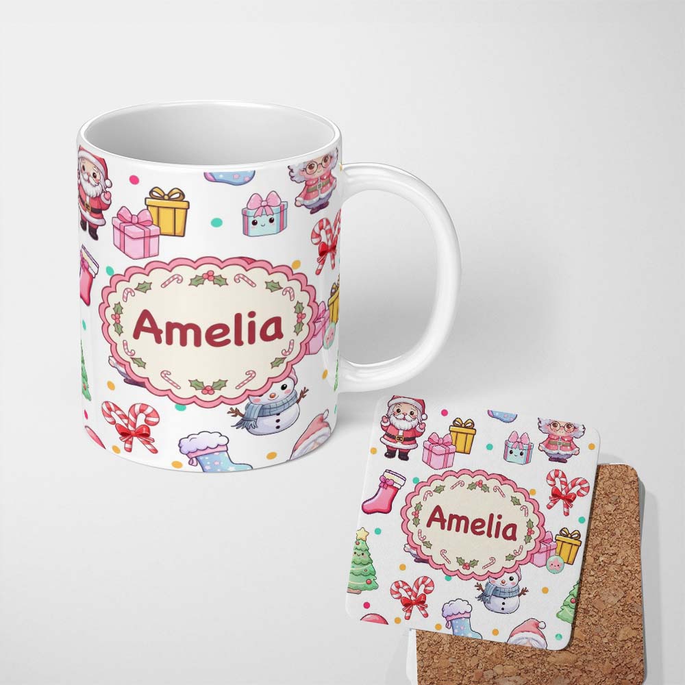 Personalized Custom Name Cute Santa Snowman Gifts Candy Cane White Background Seamless 11oz Ceramic Coffee Tea Mug White Large Handle