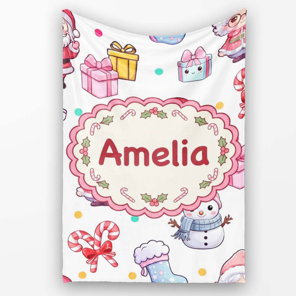 Cute Santa Snowman Gifts Candy Cane White Background Seamless  Personalised Custom Name Super Soft Fleece Blanket Bed Sofa Throw