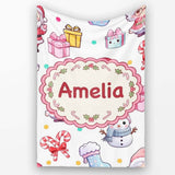 Cute Santa Snowman Gifts Candy Cane White Background Seamless  Personalised Custom Name Super Soft Fleece Blanket Bed Sofa Throw