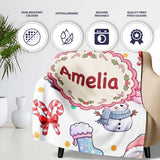 Cute Santa Snowman Gifts Candy Cane White Background Seamless  Personalised Custom Name Super Soft Fleece Blanket Bed Sofa Throw