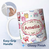 Personalized Custom Name Cute Santa Snowman Gifts Candy Cane White Background Seamless 11oz Ceramic Coffee Tea Mug White Large Handle