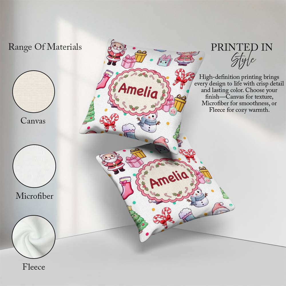 Custom Name Cute Santa Snowman Gifts Candy Cane White Background Square Filled Cushion Throw Pillow Sofa Bed Home Decor Zip Washable UK Made