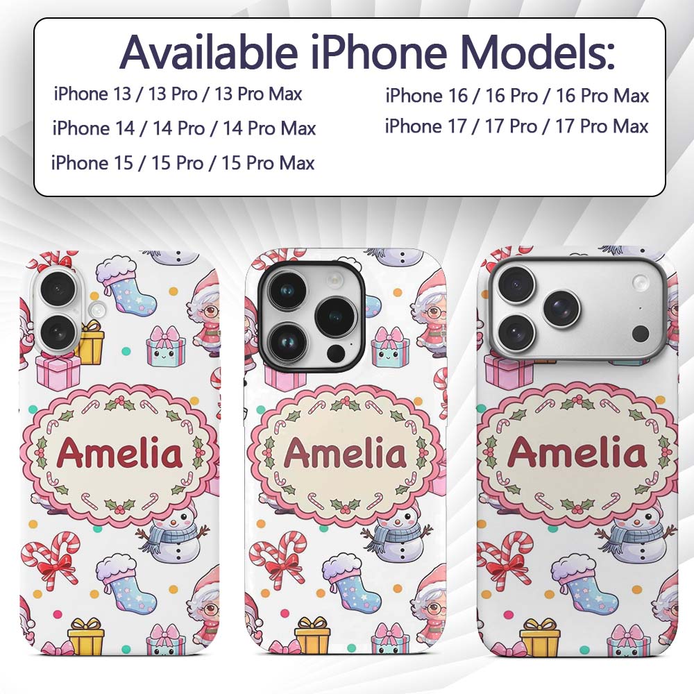 Cute Santa Snowman Gifts Candy Printed Design Custom Name Protective Phone Case Mobile Cover Durable Everyday Smartphone Shock Resistant