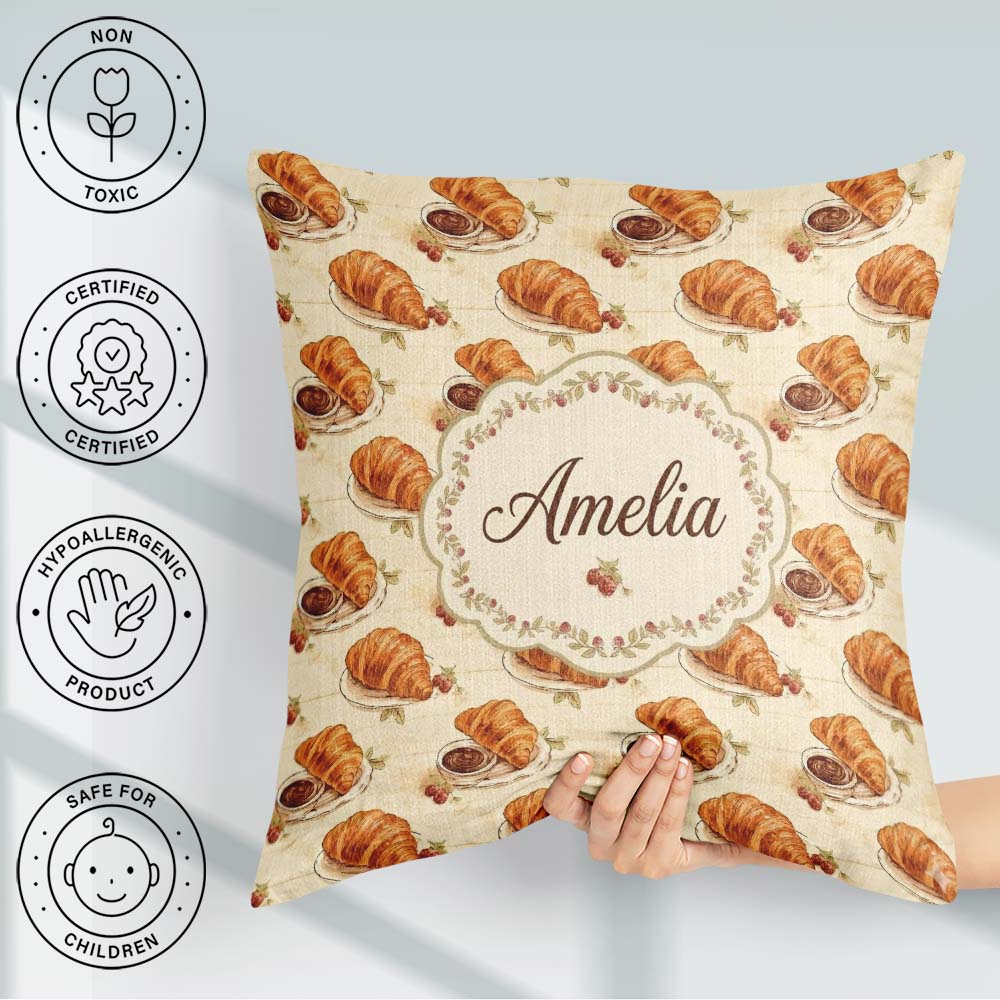 Custom Name Croissant Chocolate Dip and Berries Elegant Seamless Square Filled Cushion Throw Pillow Sofa Bed Home Decor Zip Washable UK Made