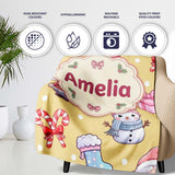 Cute Santa Snowman Gifts Candy Cane Gold Background Seamless  Personalised Custom Name Super Soft Fleece Blanket Bed Sofa Throw