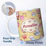 Personalized Custom Name Cute Santa Snowman Gifts Candy Cane Gold Background Seamless 11oz Ceramic Coffee Tea Mug White Large Handle