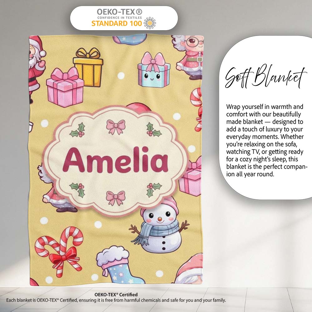Cute Santa Snowman Gifts Candy Cane Gold Background Seamless  Personalised Custom Name Super Soft Fleece Blanket Bed Sofa Throw
