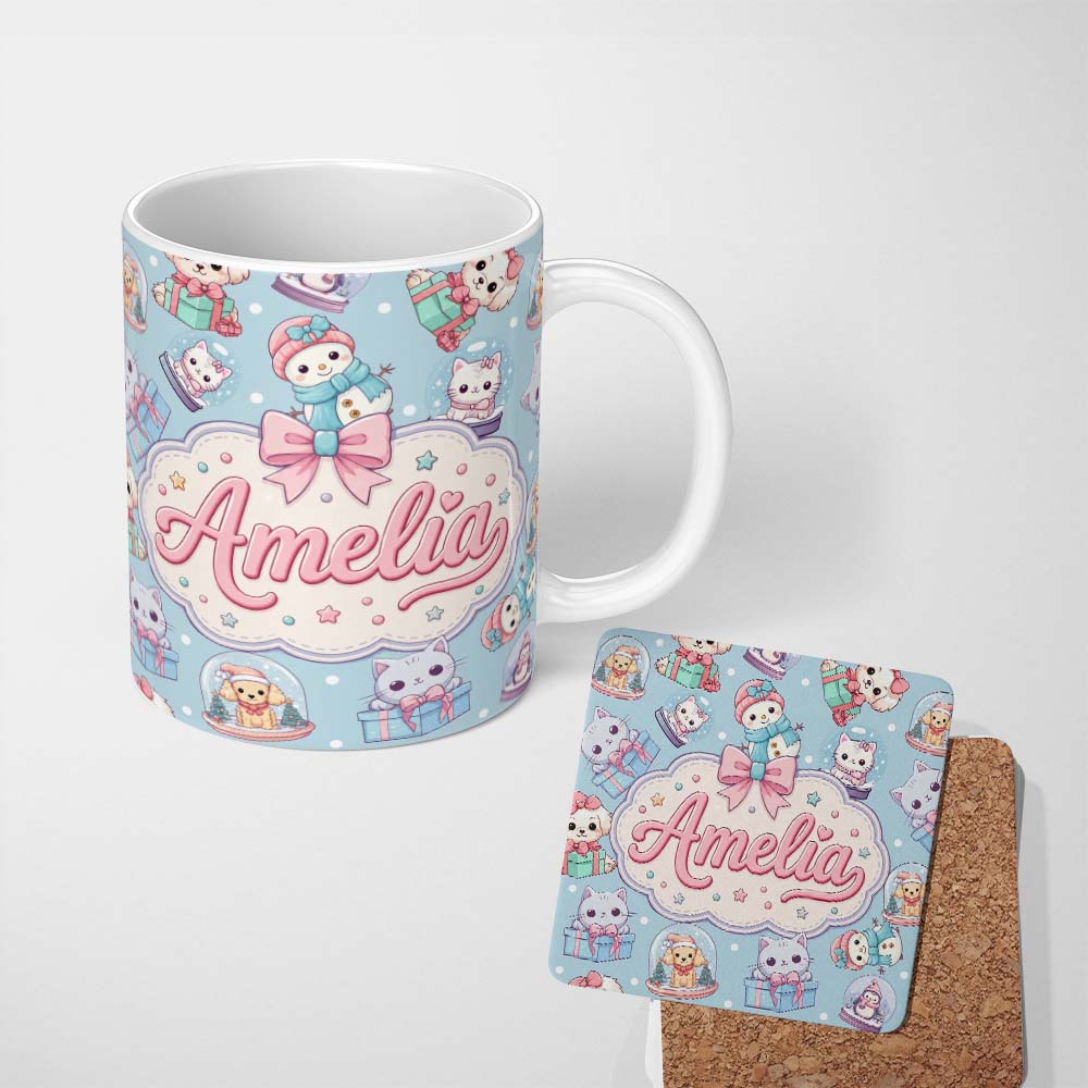 Personalized Custom Name Cute Kittens Puppies Snow Globes Christmas Seamless Pattern Name 11oz Ceramic Coffee Tea Mug White Large Handle