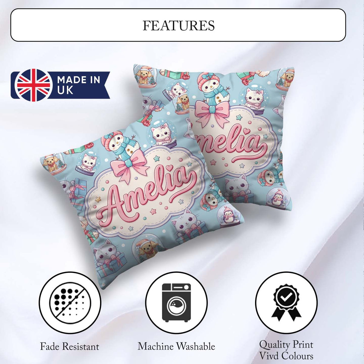 Custom Name Kittens Puppies Snow Christmas Seamless Pattern Name Square Filled Cushion Throw Pillow Sofa Bed Home Decor Zip Washable UK Made