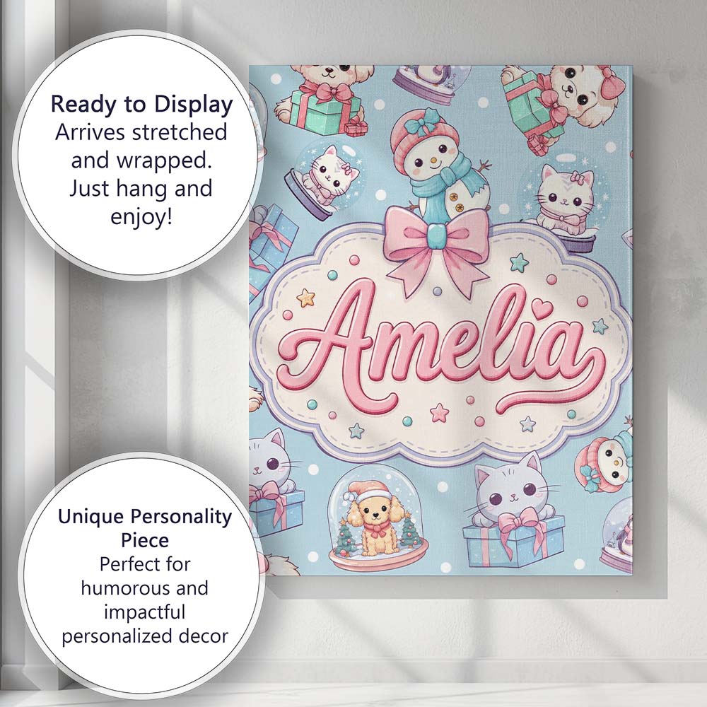 Personalised Name Cute Kittens Puppies Snow Custom  Bespoke Interior Contemporary Canvas Wall Art Print Decor Picture Ready to Hang