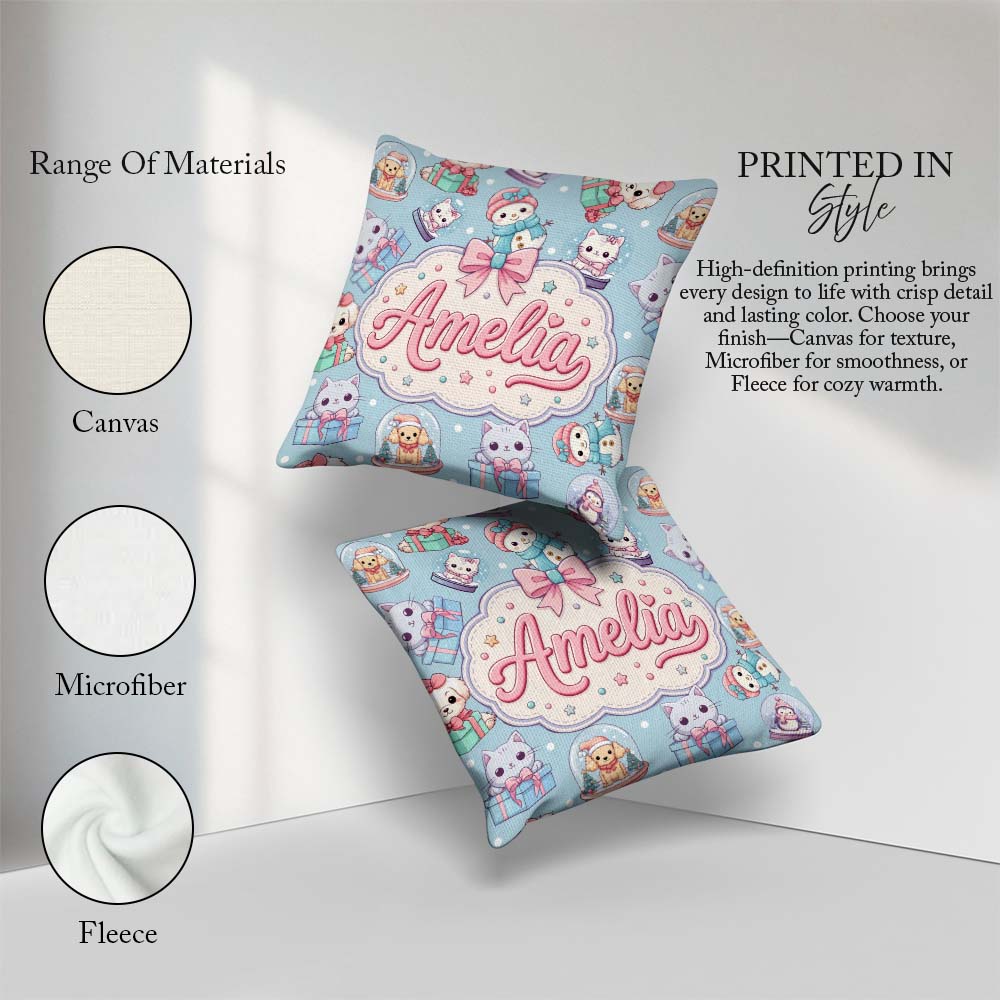 Custom Name Kittens Puppies Snow Christmas Seamless Pattern Name Square Filled Cushion Throw Pillow Sofa Bed Home Decor Zip Washable UK Made