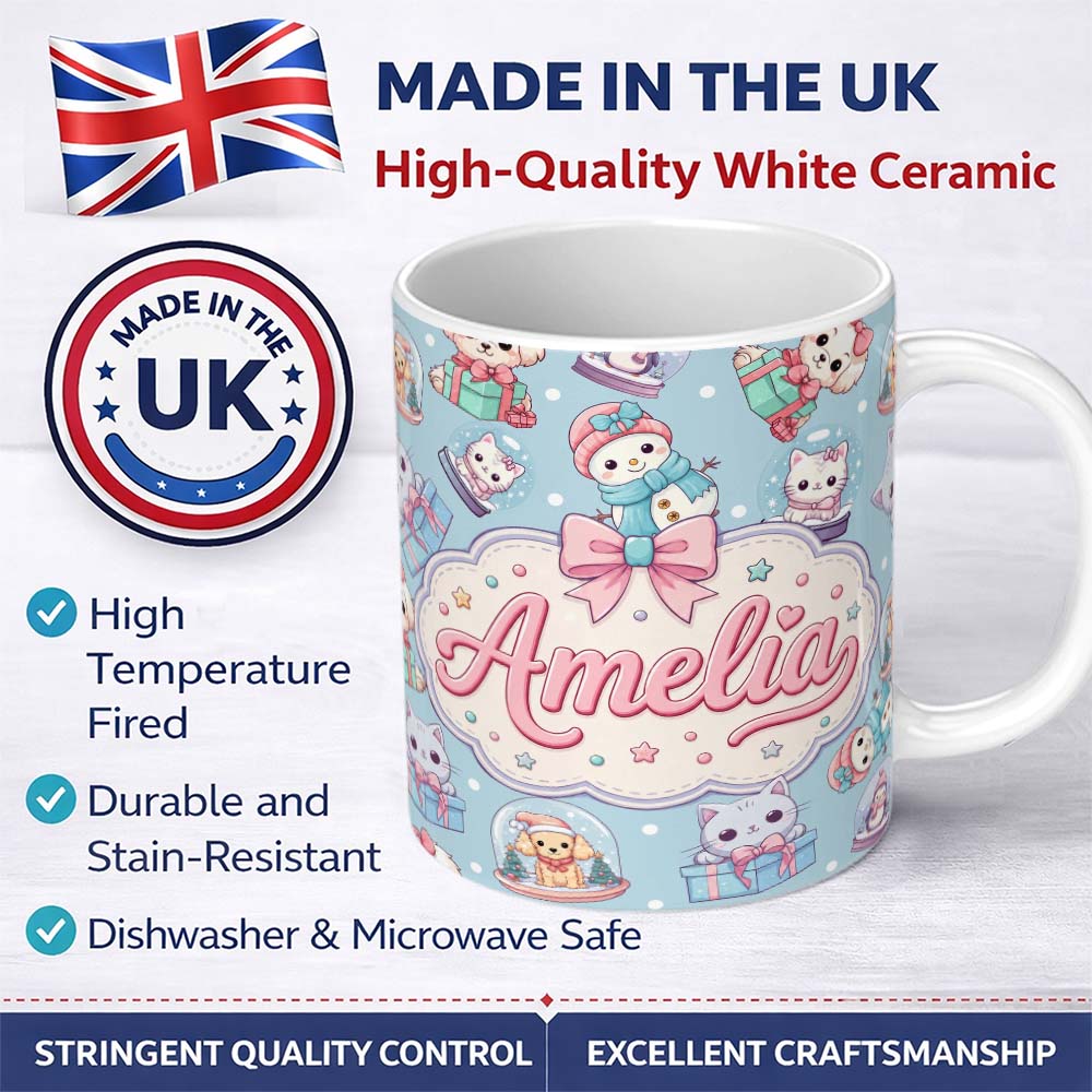 Personalized Custom Name Cute Kittens Puppies Snow Globes Christmas Seamless Pattern Name 11oz Ceramic Coffee Tea Mug White Large Handle