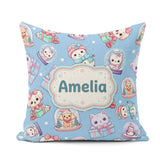 Custom Name Kittens Puppies Snow Globes Blue Background Seamless Square Filled Cushion Throw Pillow Sofa Bed Home Decor Zip Washable UK Made