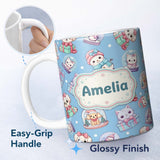 Personalized Custom Name Cute Kittens Puppies Snow Globes Blue Background Seamless Pattern 11oz Ceramic Coffee Tea Mug White Large Handle