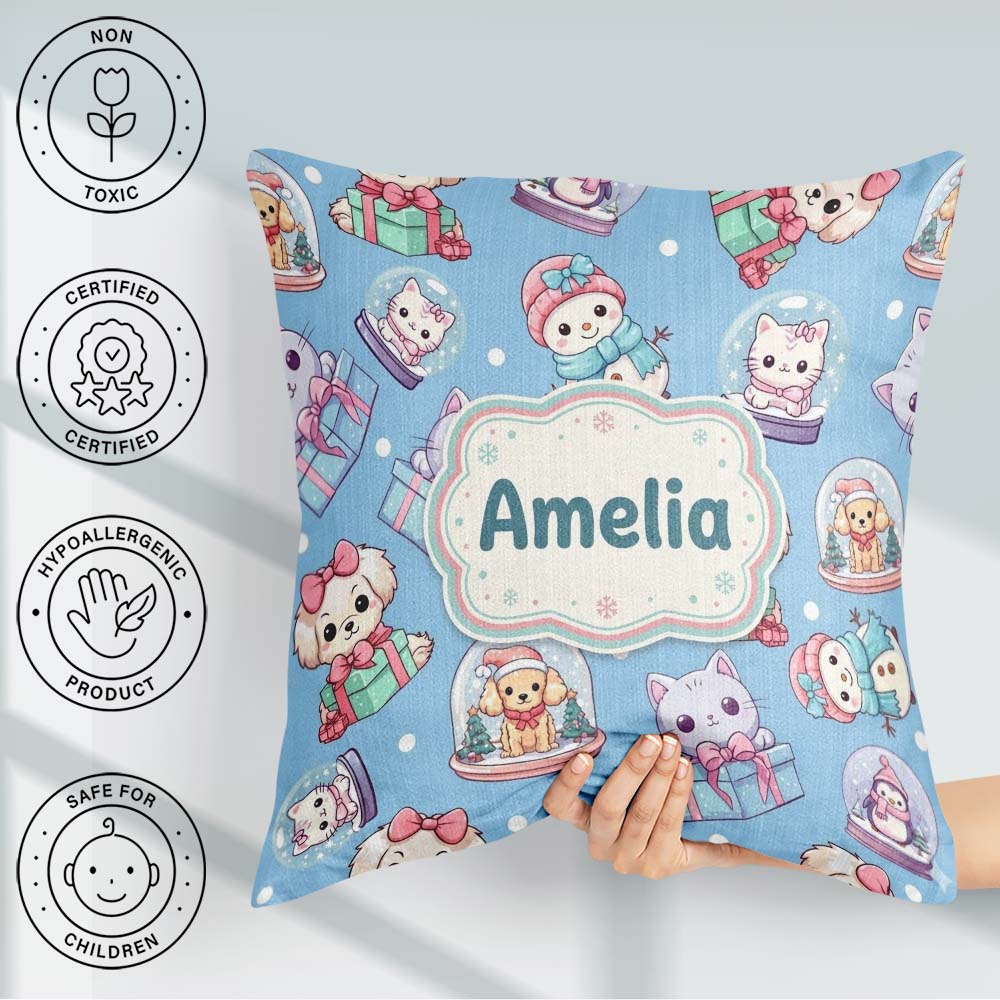 Custom Name Kittens Puppies Snow Globes Blue Background Seamless Square Filled Cushion Throw Pillow Sofa Bed Home Decor Zip Washable UK Made