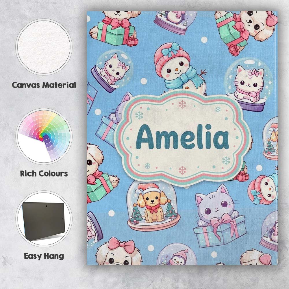 Personalised Name Cute Kittens Puppies Snow Custom  Bespoke Interior Contemporary Canvas Wall Art Print Decor Picture Ready to Hang